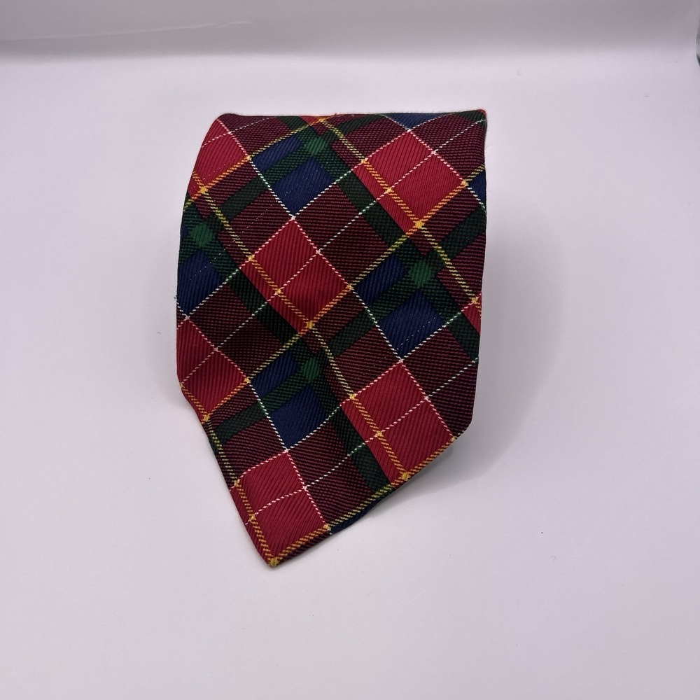 Lauren Ralph Lauren Silk Red Black Gold Plaid Tie USA 3.5" x 58"